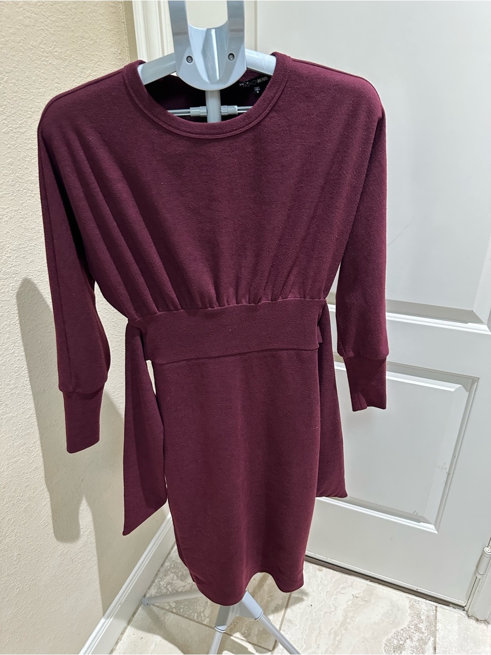 Fashion Nova Long-Sleeve Burgundy Knit Dress with Self Tie